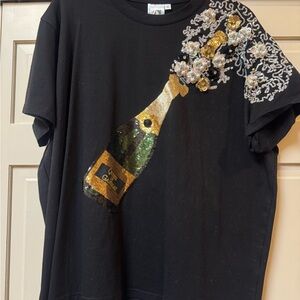 Queen of Sparkles Black Tee with Gold and Silver Floral Accents